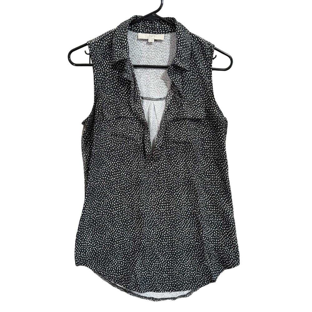 Ann Taylor LOFT Womens Blouse Black White Collared V Neck Sleeveless Stretch XS